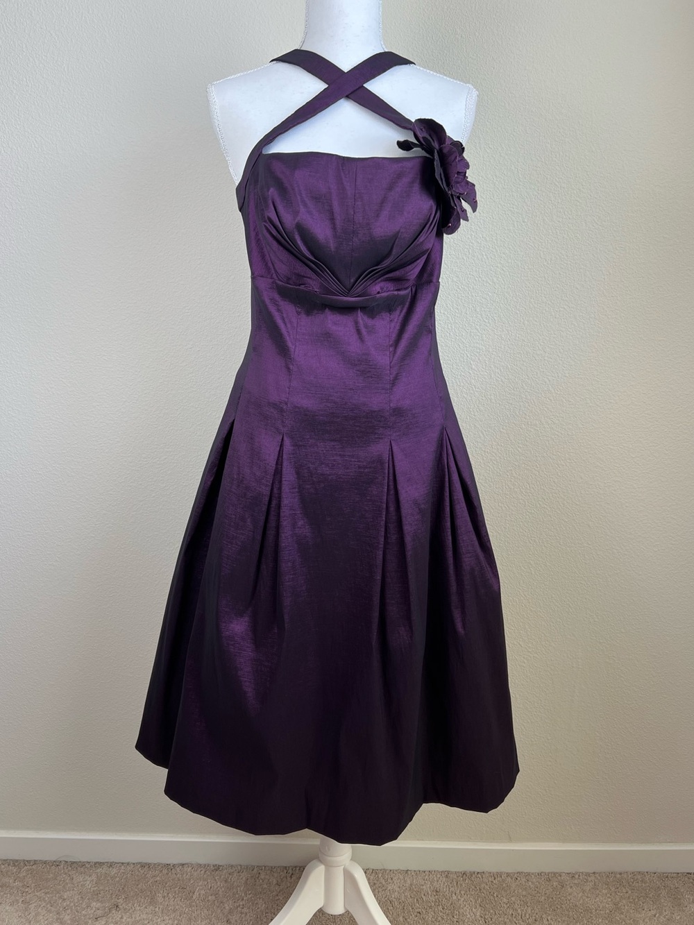 Eliza‎ J Purple Party Cocktail Dress Sz 10 Cross Strap Halter Fit Flare Midi